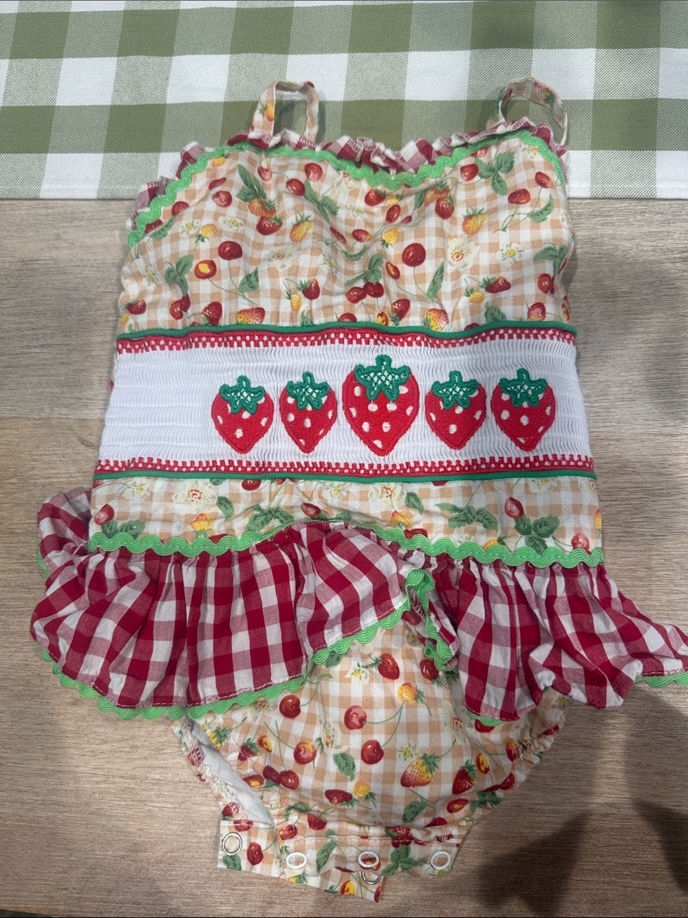 Girls Red Strawberry Smocked Romper - Kids One Piece